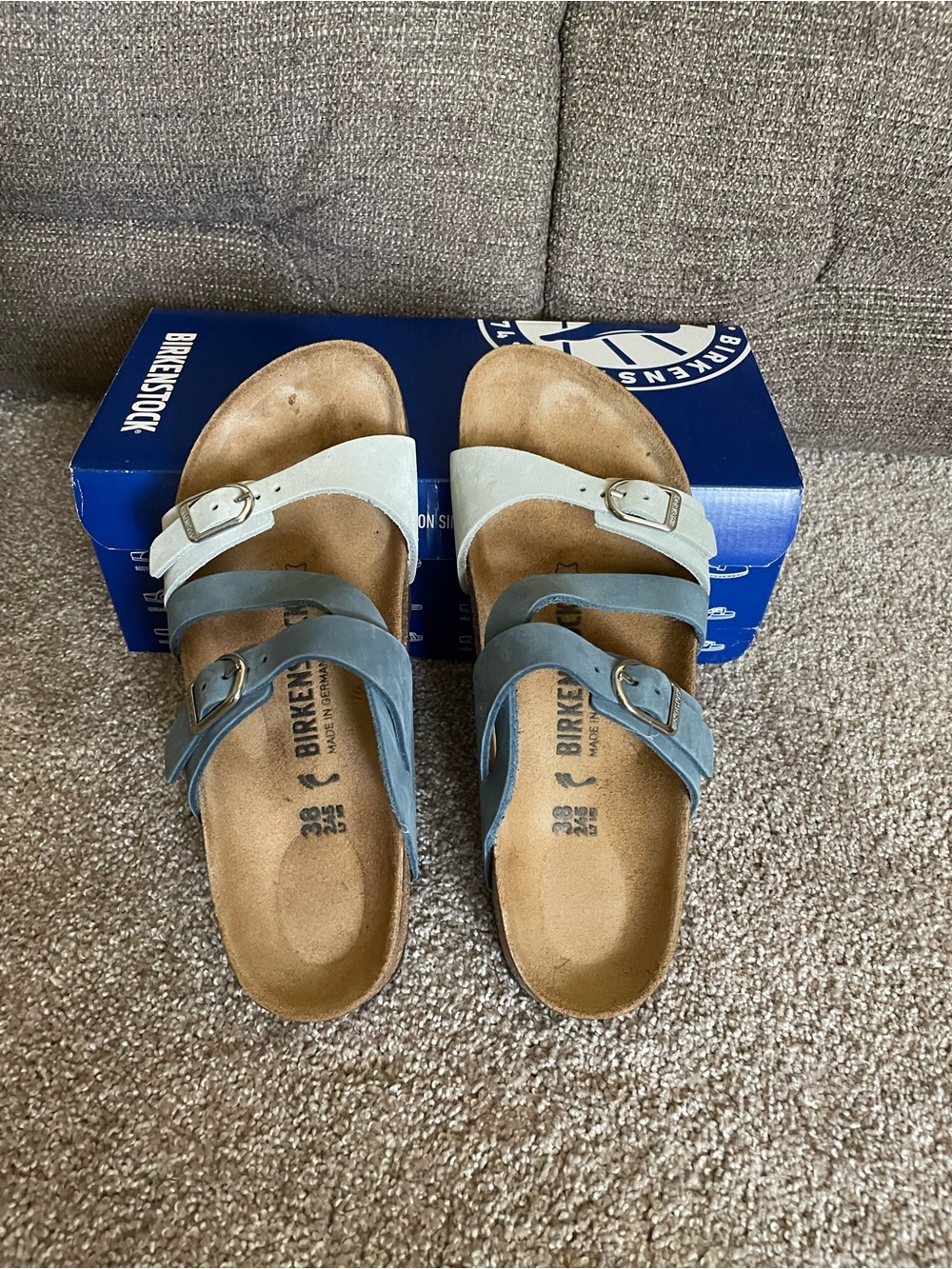 Birkenstock Two-Tone Blue & White Triple-Strap Slide Sandals